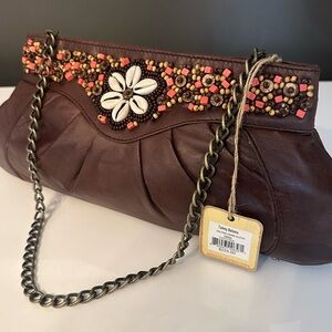 Tommy Bahama Brown Leather Chocolate Bag Clutch Calypso Frame Bead NWT $225